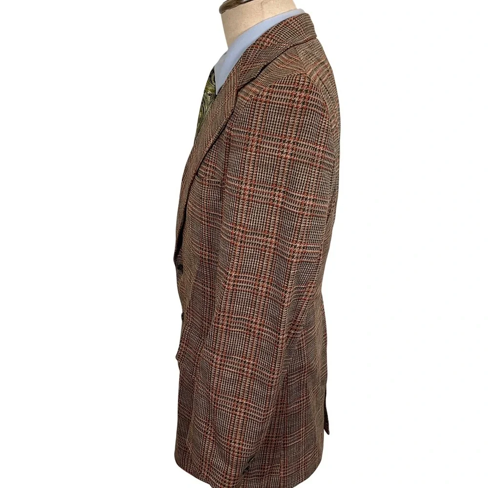 Vintage 70s Curlee Blazer Mens‎ 38R Tan Orange Green Houndstooth Plaid Classic